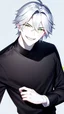 Placeholder: plauge doctor in balck leather clothes with silver hair, pale skin and bright green eyes smiling with sharp teeth, nice young face, male, viscious smile