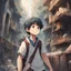 Placeholder: I want a picture of a 13-year-old boy who took an exciting and adventurous journey around the world, where he faced dangerous dangers and discovered ancient secrets. I want it anime