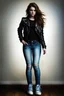 Placeholder: Full body Portrait - digital photograph, chiaroscuro, extremely colorful, vibrant, lifelike, 20th century masterpiece, rich deep colors, highly detailed portrait, beautiful, extremely gorgeous Georgie Henley wearing a black leather biker's jacket, a black "Iron Maiden" T-shirt, Blue Jeans, black Converse sneakers, absolute reality