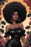 Placeholder: Create an comic drawing image of a curvy size black female wearing a black off the shoulder blouse and she is looking down with Prominent makeup. Highly detailed tightly curly black afro. Background of large black flowers surrounding her