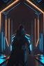 Placeholder: cyberpunk, neon blue, triangle of light floating behind the back, cyber armor, geometric patterns on an armor, male