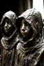 Placeholder: sculpture of a scary hooded children, Multiple faces . decayed and rotting with grotesque proportions and imagery. abstract grotesqueries, detailed texture, surreal horror, biomechanical design, by hr giger and beksinski