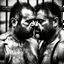 Placeholder: extreme close up photo of two italian prisoners in tank top 40 years old kissing in prison behind bars, chubby, dirty, ugly, bullneck, muscular, short beard, long hairs, manly chest, misery and poverty, emotive eyes, photo 35mm lens, side view, photorealistic, ultradetailed