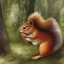 Placeholder: Fantasy image,wooded background, Giant squirrel,attacking a four inch person,d&d