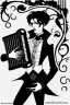 Placeholder: goth male necromancer with black hair playing a accordion in the style of Aubrey Beardsley