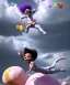 Placeholder: Ultra realistic speed clouds sky scene, wide angle view, child falling down with many Children background, inflatable monsters, circus dress style, feather color, free jumping flying, many trinkets, hair monster, many jelly beans, balls, color smoke, smile, happy, extreme, wind, clouds sea, 20,000 feet altitude, stratosphere, soft color, highly detailed, unreal engine 5, ray tracing, RTX, lumen lighting, ultra detail, volumetric lighting, 3d, finely drawn, high definition.