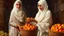 Placeholder: A full-length Palestinian girl wearing an embroidered dress and a white embroidered shawl buys oranges from an old seller wearing a keffiyeh in the market of Jerusalem, 100 years ago, at night with multi-colored lights reflecting on her.