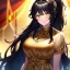 Placeholder: Clear focus, 8k, beautiful lighting, vibrant colors, girl, black hair, long hair, golden eyes, ponytail, messy hair, black and gold outfit,