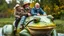 Placeholder: Elderly pensioners riding an enormous frog. Everyone is happy. Photographic quality and detail, award-winning image, beautiful composition.