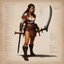 Placeholder: ConceptSheet: woman barbarian and his axe with AD&D statistics [by Guy Borremans]