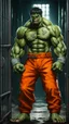 Placeholder: dark aesthetic, a cute hulk wearing an inmate orange jumpsuit outfit in prison, high detail, high-resolution, professional photography, ultra-detail, fantasy art