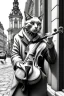 Placeholder: One single mature cat playing violin on the street, Vienna,thoughtful, mourning, model style, hyper realistic, extremely accurate, delicate, extremely detailed, Graphic novel style, wide-angle, open aperture, superfine pencil