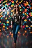 Placeholder: Full body Real photography beautiful woman super model European on fashion style dressing luxury jacket diamonds patterns,sunglasses,turn on music DJ player in disco club