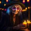 Placeholder: portrait of blessed witch beauty, wild goblin birthday party on dead forest bridge background , motion blur, 8k, downlight, soft light, depth of field, photorealism, trending on art station, lotsa detail