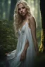 Placeholder: young woman small in stature Her features were soft, and her blonde hair framed her petite face.she wore was a thin white nightdress, which ended just above her knees. green/blue eyes. realistic 4k darkfantasy forest