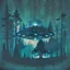 Placeholder: a dark forest with a house in the distance and a ufo in the sky, dark tones impressionistic