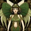 Placeholder: Full body, art nouveau woman with a bob with a fringe hairstyle, Cleopatra clothing, steampunk metal butterfly wings, green markings, black background