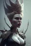 Placeholder: Hannah Waddingham as evil queen in black leather, busty, cleavage, dominatrix, curvy, angry, stern look. character design by cory loftis, fenghua zhong, ryohei hase, ismail inceoglu and ruan jia. unreal engine 5, artistic lighting, highly detailed, photorealistic, fantasy