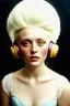 Placeholder: Young madonna, large white large high beehive hairstyle, rosy cheeks, freckles, listening to music, autochrome,