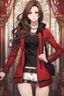 Placeholder: A young woman with pale skin and long brown hair in a modern setting with intricate details. She is wearing casual black and red clothes. She is smirking, has intense red eyes, intimidating presence, high definition. anime style.