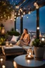 Placeholder: Middle shot from a beauty lady is sitting on the sofa in a nice shiny dress and enjoying the evening atmosphere. , a Roof terrace with sofas, one poof a small table with cocktail and potted plants. The area is lit by string lights, cozy atmosphere. the illuminated terrace and the view of the big city in the background makes this environment relaxing and spectacular. high detalied, cinematic