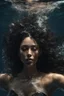 Placeholder: a beautiful woman, long curly black hair,closed eyes,coming from beneath the water,braking the surface with her face just coming out the water,looking up symbolism for breaking free. realistic,8k quality, action close shot from areal view,highly detailed , chaos 80