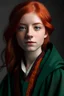 Placeholder: A girl with red hair and green eyes and she is wearing a Hogwarts robe