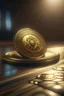 Placeholder: a single thin gold coin laying down on a table with a simple crown symbol on the front of the coin, fantasy concept art, dynamic lighting, intricately detailed, Unreal Engine