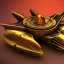 Placeholder: ornate starship made of brass, damaged and on fire, in space