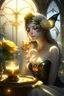 Placeholder: digital painting, unreal engine, blender art by artgerm, Greg Rutkowski and Alphonse mucha, a BLACK rose lies on the table, a golden butterfly on a candle, sadi sees a mirror with a spider web, white radiance, symmetry, super detail, hyper realistic, festive dream