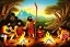 Placeholder: caveman holding a club, cave, cave bear, campfire, stone age, tibetan painting, masterpiece, mellow, dawn,