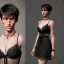 Placeholder: a short hair guy with a boyish face a beautiful cleavage in a lace neckline with a man's short haircut a thin waist and wide hips in lacy nightgown and amulet of black magic muslim