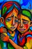 Placeholder: a girl hug her brother and both crying sadly, expressionism, Pixar style, in abstract art Basquiat, Picasso, Miro, Kandinsky, Klee, Birell, Fairey, Ardon, Buffet and Picasso style, HD --s 750 --v 5.1 --style raw, water color