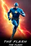 Placeholder: 1/4 side view, looking at the viewer, Movie Poster - "THE FLASH" - A massive, thick, extremely muscular, 7'8" tall man, ((skintight, formfitting, long-sleeved, Blue spandex bodysuit:1.5)), ((Silver knee-high boots:1.5)), ((Silver wrist gauntlets, blue fingerless gloves, silver, double holstered utility belt:1.5)), ((skintight, formfitting, blue spandex helmet with blue eye disguise,:1.5)), Running, multicolored lightning emanating from his body, an overly exaggerated muscular stature