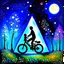 Placeholder: create a poetic dreamlike painting in the style of Marc Chagall, geometric family of father, mother, and baby riding a bicycle through a magical night forest, glowing triangular trees and colorful circles floating like stars, large luminous moon overhead, painterly textures with deep blues and purples, surreal and emotional atmosphere --ar 16:9 --v 7 --style 4b --q 2