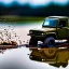 Placeholder: hyperrealistic shot, muddy military toy truck, monotone color palette, sharp focus, puddle reflection, tire water splash, refraction, mist on the horizon, shadowcast, detailed and intricate, cinematic composition, micro, tilt shift photography