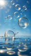 Placeholder: bubbles floating over water with blue sky, stock photography