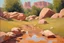 Placeholder: Sunny day, rocks, mountains, puddle, sci-fi movies influence, fantasy, rodolphe wytsman and ludwig dettman impressionism paintings