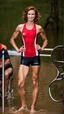 Placeholder: beautiful anorexic woman, standing, short triathlon swimsuit, medium length wavy haircut, photographed by sports illustrated, red hair