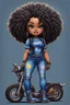 Placeholder: create an stippling art illustration of a chibi cartoon voluptuous black female wearing a blue jean outfit with a tie dye tshirt with biker boots. Prominent make up with hazel eyes. Extremely highly detail of a tight curly black and shiny afro. Background of a bike show