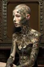 Placeholder: MJ Prompt: a bald white girl with facial tattoos sitting in front of something metal, facial tattoos, in the style of surrealist automatons, peter lippmann, mechanical designs, symmetrical arrangement, kadir nelson, olivier valsecchi, intricate still lifes --ar 4:5