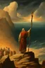 Placeholder: Moses stands on a mountain and holds a crooked wooden staff. Aaron is next to HIM, and there are a lot of Jewish people crossing the sea by land below. There are walls of water on both sides to the right and left of them. There is a silhouette of God in the sky. Everything is painted in oil painting with high-quality drawing of details