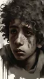 Placeholder: a Palestinian poor boy with curly hair, tears on eyes, holding olive branch, in keffiyeh, torn old dirty clothes, ruined city with flying ash and dust background, art by Wadim Kashin, James Gurney, Alphonse Mucha, Louis Royo, Alberto Seveso, Jeremy Mann and Russ Mills, black and white art, maroon splash and dripping