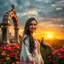 Placeholder: Hyper Realistic Photographic View Of A Beautiful Pashto Woman (With Beautiful Eyes Lips & Nose, & Long Black Hair; Wearing White Frock With Maroon Embroidery) Happily Standing In A Beautiful Colorful Flower Garden With Fancy Stone Arches & Two Peacocks Around Her At Beautiful Cloudy Sunset Showing Dramatic & Cinematic Ambiance."