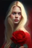 Placeholder: Create a realistic image of a beautiful blond girl looking to the side dressed in red with a flower in her hand.