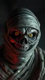 Placeholder: Busch painting style nightmare, a zoomed 3/2 view of the mummy by his face skin is a rusted broken metallic skin texture in a 3d rendering full-height image of a grim and dark scene. Ensure the final images exhibit the utmost quality, encompassing 4K, 8K, and 64K resolutions, with 3D rendering that manifests in photorealistic, hyperrealistic, and highly detailed representations. Employ techniques such as HDR, UHD,
