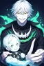 Placeholder: plauge doctor in balck leather clothes with silver hair, pale skin and bright green eyes smiling with sharp teeth, nice young face, male, viscious smile