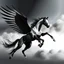 Placeholder: a white and black horse with wings flying in the sky