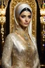 Placeholder: Realistic photography,front view, Beautiful Islamic Iranian super model Iranian Hijab Woman,dressing luxury party gown,looking at viewer,traditional dress ornaments diamonds shapire Luxury gown Persian traditional, intricate, delicate golden shine bright, black metalic parts, detailed part, jewelry diamonds,dynamic pose,luxury golden background, dynamic lighting, red hour,half body portrait,luxury background