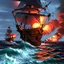 Placeholder: Two pirate ships fight each other at sea. Firing cannons. One ship is hit and burns after being hit.